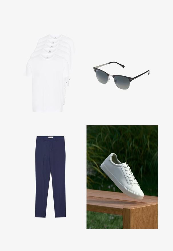 Valkeat lyhythihaiset t-paidat pinottuna, valmistettu puuvillasta. Ominaisuuksina pyöreä kaula-aukko ja suora leikkaus. Kangas näyttää sileältä ilman kuvioita.; Navy dressipöksyjä, jotka on valmistettu sileästä kankaasta. Niissä on litteä etuosa, kaksi sivutaskua, vetoketjuluukku ja siisti helma ilman kuvioita tai yksityiskohtia.; Valkoiset nauhalla kiinnitettävät lenkkarit leijuvat puupenkillä, taustalla vihreää kasvillisuutta, tuoden esiin kengän muotoilua ja pintarakennetta.; Mustat ja hopeiset aurinkolasit, joissa on kissansilmämuoto, gradientti linssit ja metalliset yksityiskohdat kehysissä. Muoviset sangan päät harmaat.