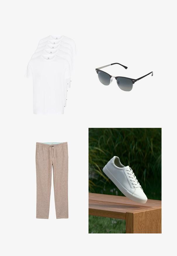 Vita kortärmade t-shirts staplade, gjorda av bomull. Har en rund hals och rak skärning. Tyget verkar slätt utan mönster.; Ljusbruna, mjuka byxor med avslappnad passform, utrustade med resårmidja och dragsko för justerbar komfort.; Vit snörad sneaker svävande ovanför en träbänk med gröna växter i bakgrunden, som visar skodesign och textur.; Svarta och silverfärgade solglasögon med kattögaform, gradientlinser och metalliska detaljer på ramen. Plastbågar med gråa tippar.