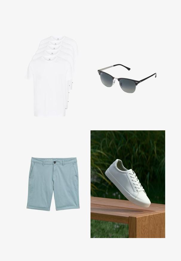 Bílé trička s krátkým rukávem poskládaná, vyrobená z bavlny. Mají kulatý výstřih a rovný střih. Tkanina vypadá hladce, bez vzorů.; Světle modré kraťasy vyrobené z látky s hladkou texturou. Mají zapínání na knoflík, poutka na opasek a ohrnuté nohavice.; Bílé šněrovací tenisky, které se vznášejí nad dřevěnou lavicí, s zeleným listím v pozadí, předvádějící design a strukturu boty.; Černé a stříbrné sluneční brýle ve tvaru kočičích očí, se stupňovitými skly a kovovými detaily na rámu. Plastové nožičky s šedými konci.
