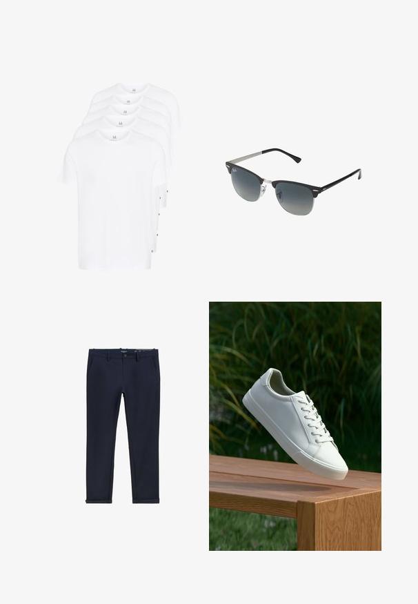 Weiße Kurzarm-T-Shirts gestapelt, aus Baumwolle gefertigt. Eigenschaften umfassen einen Rundhalsausschnitt und einen geraden Schnitt. Der Stoff wirkt glatt und hat keine Muster.; Marineblauen Hosen aus glattem Stoff, mit einer vorderen Knopfleiste, Gürtelschlaufen, Seitentaschen und umgeschlagenen Säumen für einen maßgeschneiderten Look.; Weiße Schnürsneaker, die über einer Holzbank mit grünem Laub im Hintergrund schweben und das Schuhdesign sowie die Textur zeigen.; Schwarze und silberne Sonnenbrille mit Katzenaugenform, verlaufenden Gläsern und metallischen Akzenten im Rahmen. Plastische Bügel mit grauen Spitzen.