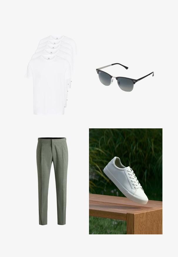 White short-sleeve t-shirts stacked, made of cotton. Features a round neck and a straight cut. Fabric appears smooth with no patterns.; Tailored trousers in a muted green fabric, featuring a subtle texture, straight cut, and side pleats for added detail.; White lace-up sneaker hovering above wooden bench with green foliage in the background, showcasing shoe design and texture.; Black and silver sunglasses with a cat-eye shape, gradient lenses, and metallic accents on the frame. Plastic arms with grey tips.