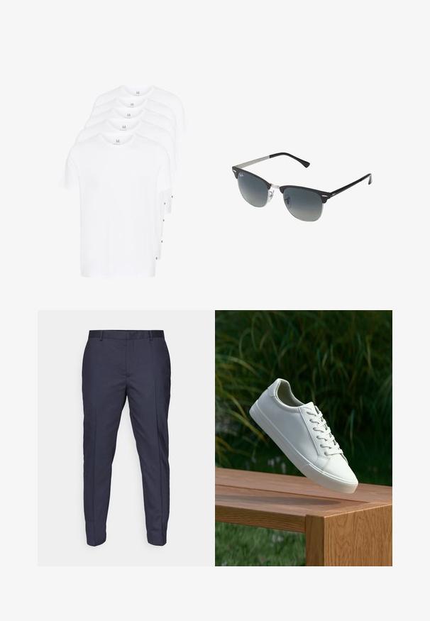 Balti īsām piedurknēm T-krekli, kas sakrauti, izgatavoti no kokvilnas. Iezīmē apaļu kaklu un taisnu griezumu. Audums šķiet gluds, bez rakstiem.; Jūras zilie bikses ar gludu tekstūru, pieguļošu dizainu un krokām. Tām ir jostas cilpas un rāvējslēdzēja aizdare.; Baltas šņorējamais sneakers, kas pārvietojas virs koka solu ar zaļiem zariem fona, izceļot apavu dizainu un tekstūru.; Melni un sudraba saulesbrilles ar kaķa acs formu, gradienta lēcas un metāla akcentiem uz rāmja. Plastmasas rokturi ar pelēkiem galiem.