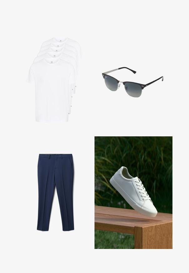 T-shirt bianchi a maniche corte impilati, realizzati in cotone. Presentano un collo rotondo e un taglio dritto. Il tessuto appare liscio senza pattern.; Pantaloni blu navy con una texture liscia, frontale piatto e due tasche laterali, dal design slim fit. Adatti per abbigliamento formale o informale.; Sneaker bianco con lacci sospeso sopra una panchina di legno, con fogliame verde sullo sfondo, che mette in mostra il design e la texture della scarpa.; Occhiali da sole neri e argento con forma a occhio di gatto, lenti sfumate e dettagli metallici sulla montatura. Aste in plastica con punte grigie.