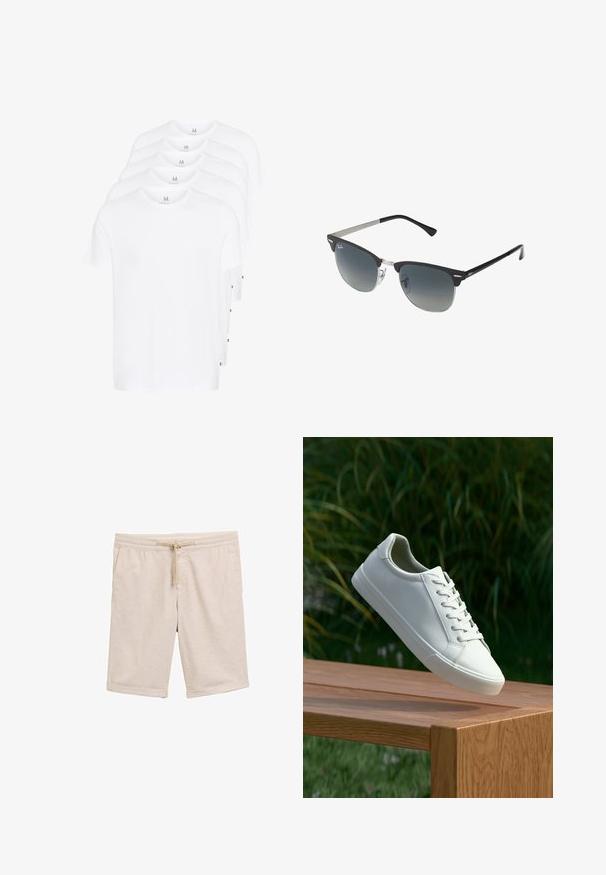 Balti trumpikės su trumpomis rankovėmis, sudarytos iš medvilnės. Turi apvalų kaklą ir tiesų kirpimą. Audinys atrodo lygus, be raštų.; Bežiniai medvilnės šortai su elastinga juosta, raišteliu ir sukrautomis rankovėmis. Lygus paviršius, be raštų ar metalinių detalių.; Baltos raištelinės sportbačiai, pakabinti virš medinės suolo su žaliais lapais fone, parodantys batų dizainą ir tekstūrą.; Juoda ir sidabrinė akiniai nuo saulės su katės akies forma, gradientinės lęšiai ir metalinės detalės ant rėmo. Plastikiniai šonai su pilkais galiukais.