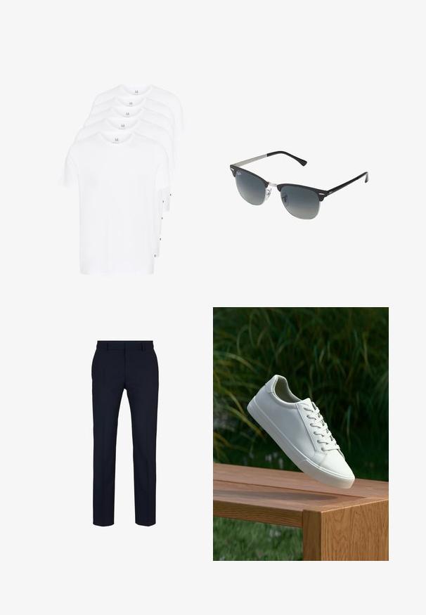 Balti trumpikės su trumpomis rankovėmis, sudarytos iš medvilnės. Turi apvalų kaklą ir tiesų kirpimą. Audinys atrodo lygus, be raštų.; Jūriniai kelnės pritaikytai siluetui, pagamintos iš lygaus audinio su tiesiais kirpimo šonais, su diržo kilpomis ir subtiliomis raukšlėmis.; Baltos raištelinės sportbačiai, pakabinti virš medinės suolo su žaliais lapais fone, parodantys batų dizainą ir tekstūrą.; Juoda ir sidabrinė akiniai nuo saulės su katės akies forma, gradientinės lęšiai ir metalinės detalės ant rėmo. Plastikiniai šonai su pilkais galiukais.