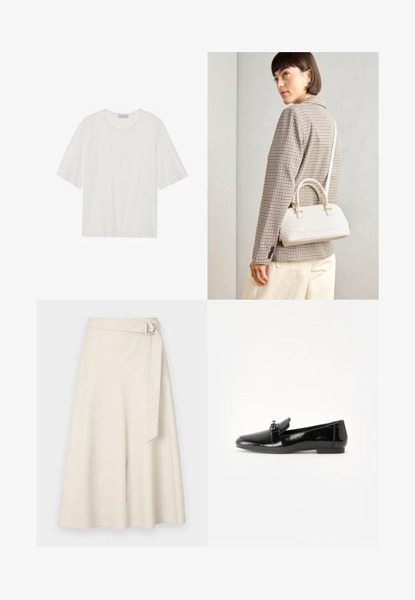 Bela kratka majica s kratkimi rokavi, izdelana iz mehkega materiala. Ima okrogel izrez in nekoliko škatlasto obliko. Gladka površina, minimalno podrobnosti.; Kremna midi krila iz umetnega usnja s širokim pasom, detajlom pasu in A-linijski silhueti. Gladka tekstura s šivanimi šivi in minimalnimi akcenti.; Črne lakirane usnjene loaferske čevlje s ravnim podplatom, zaobljenim nosom in dekorativnim pasom z zlatim naglasom. Gladek, sijoč poljšček.; Bela strukturirana torba z kratkimi ročaji in naramnim trakom, z zlatimi okrasnimi elementi in teksturiranim materialom, prikazana na sivi podlagi.