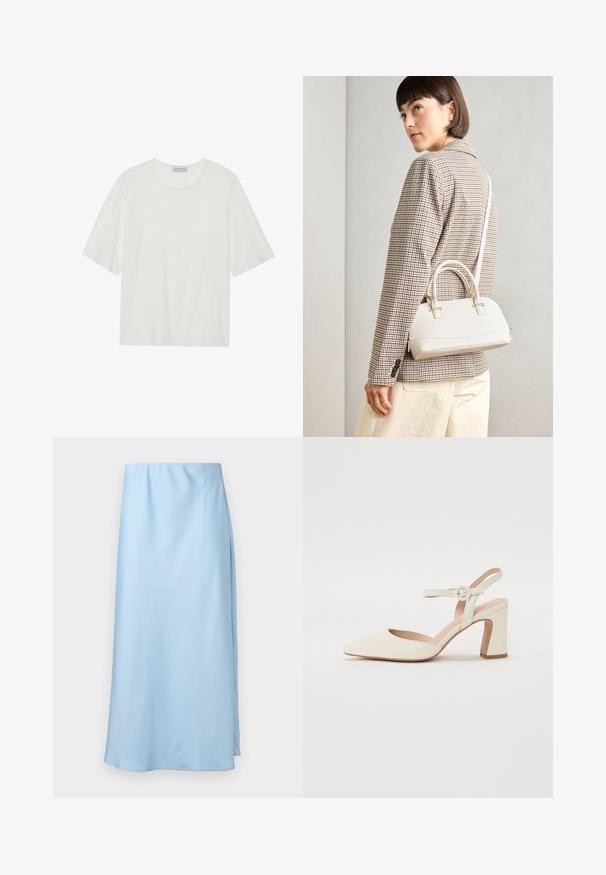 Bela kratka majica s kratkimi rokavi, izdelana iz mehkega materiala. Ima okrogel izrez in nekoliko škatlasto obliko. Gladka površina, minimalno podrobnosti.; Svetlo modra, krila do kolen, izdelana iz gladkega materiala. Ima stranski razporek za enostavno gibanje in preprost, elastičen pas.; Čevlji s koničastim nosom v kremni barvi z blokastim peto. Imajo tanki trak okoli gležnja z okroglo sponko in gladko usnjeno teksturo.; Bela strukturirana torba z kratkimi ročaji in naramnim trakom, z zlatimi okrasnimi elementi in teksturiranim materialom, prikazana na sivi podlagi.