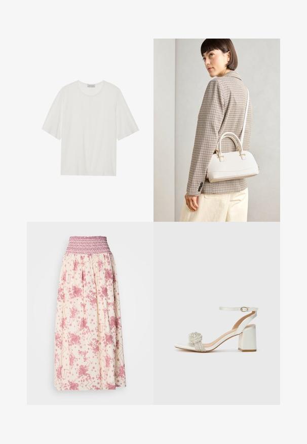 Balta trumpa rankovėmis marškinėliai, pagaminti iš minkštos medžiagos. Turi apvalų iškirpimą ir šiek tiek dėžutės formą. Lygi tekstūra, minimalus dekoravimas.; Kreminės spalvos maksi sijonas su rožinėmis gėlių ir geometrinėmis raštais. Sijonas turi smulkintą liemenį, leidžiantį prisitaikyti prie kūno, pagamintas iš lengvos medžiagos.; Balti atviri sandalai su storu stačiakampio kulnu, su tekstūruotu blizgučių juostele ant pėdos ir reguliuojamu kulkšnies dirželiu.; Balta struktūruota rankinė su trumpomis rankenomis ir peties diržu, su auksinėmis detalėmis ir tekstūruota medžiaga, pastatyta prieš pilką foną.