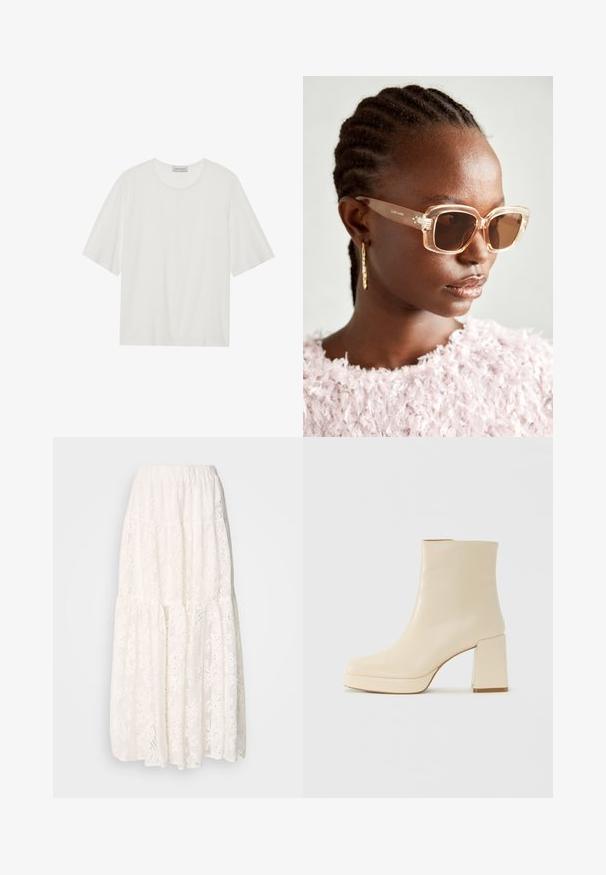Tricou alb cu mânecă scurtă, fabricat dintr-un material moale. Dispune de un guler rotund și o siluetă ușor boxy. Textură netedă, detalii minimale.; Fustă maxi din dantelă albă, cu un design în straturi, talie elastică și modele florale intricate. Material ușor și texturat.; Cizmă de gleznă din piele bej, cu toc pătrat și talpă platformă, cu un finisaj neted și vârf ușor pătrat, orientată spre stânga pe fundal alb.; Ochelari de soare bej supradimensionați cu rame transparente și lentile cu nuanță maronie, având accente florale subtile și un design geometric îndrăzneț.
