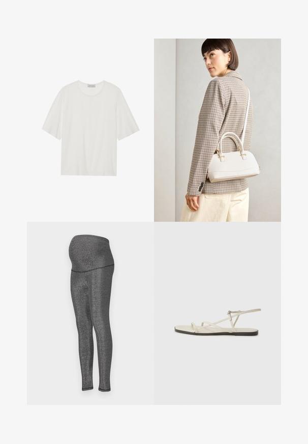 White short-sleeve t-shirt made of soft fabric. Features a rounded neckline and a slightly boxy shape. Smooth texture, minimal detailing.; Maternity leggings in stretchy, metallic black fabric. High waistband designed for comfort, sleek fit through legs, with a smooth texture.; Beige flat sandal with multiple slender straps and an adjustable buckle. The sole is flat with a slight dark contrast at the edge.; White structured handbag with short handles and a shoulder strap, featuring gold hardware accents and textured material, displayed against a grey background.