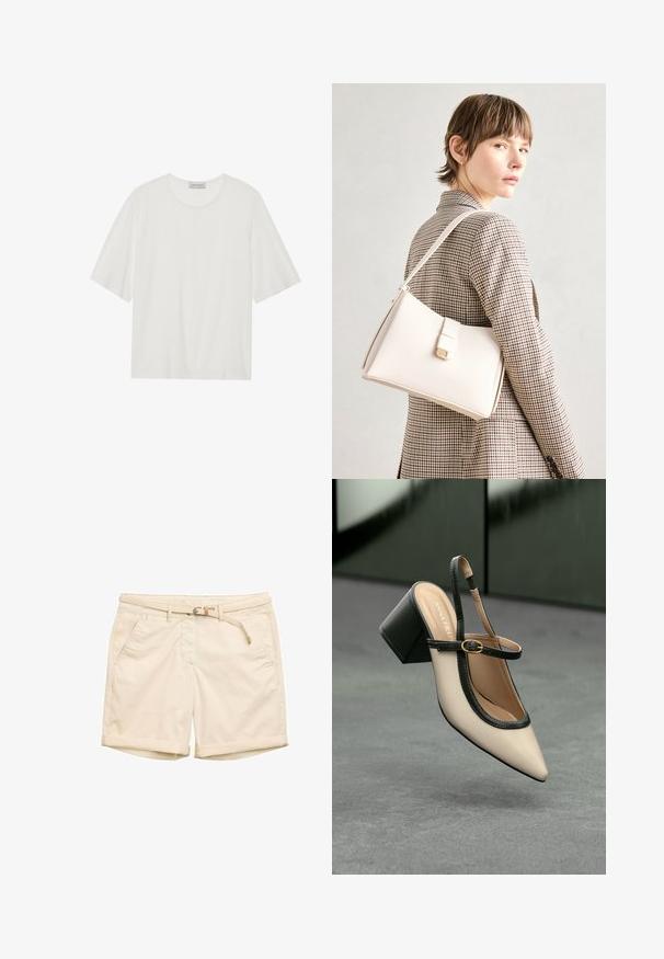 T-shirt blanc à manches courtes en tissu doux. Présente un col rond et une coupe légèrement ample. Texture lisse, détails minimalistes.; Shorts beiges en coton avec une ceinture tissée, quatre poches et des ourlets roulés, présentant une texture propre et lisse sur toute la surface.; Escarpin beige à bout pointu et bride arrière, avec des finitions noires, une boucle dorée et un talon bloc épais, posé sur un sol gris avec un fond vert foncé.; Sac à main en cuir blanc au design structuré, doté d'un fermoir magnétique et d'une bandoulière, présenté sur un fond neutre.