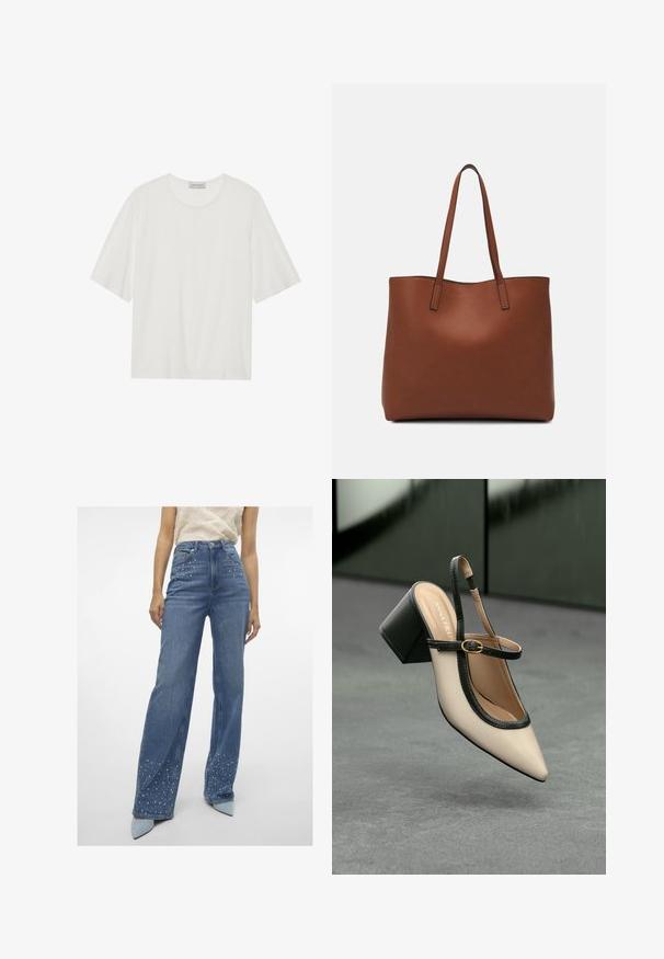 Camiseta branca de manga curta, feita de tecido suave. Apresenta um decote arredondado e uma forma ligeiramente boxy. Textura lisa, com detalhes mínimos.; Vero Moda Tall VMTESSA PEARL - Calças de ganga de corte relaxado - medium blue denim; Sandal de biqueira pontuda em bege com acabamento preto, fivela dourada e um salto bloco sólido, em um chão cinza com fundo verde escuro.; Bolsa tote de couro castanho com uma textura suave, design de abertura superior e duas alças para o ombro. Apresenta costura mínima e sem hardware visível.
