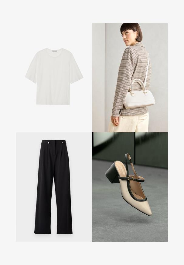 Camiseta branca de manga curta, feita de tecido suave. Apresenta um decote arredondado e uma forma ligeiramente boxy. Textura lisa, com detalhes mínimos.; Calças largas pretas com uma textura suave, apresentando uma cintura alta, pregas frontais e acabamentos em botão metálico.; Sandal de biqueira pontuda em bege com acabamento preto, fivela dourada e um salto bloco sólido, em um chão cinza com fundo verde escuro.; Bolsa estruturada branca com alças curtas e uma alça de ombro, com detalhes em hardware dourado e material texturizado, exibida contra um fundo cinza.