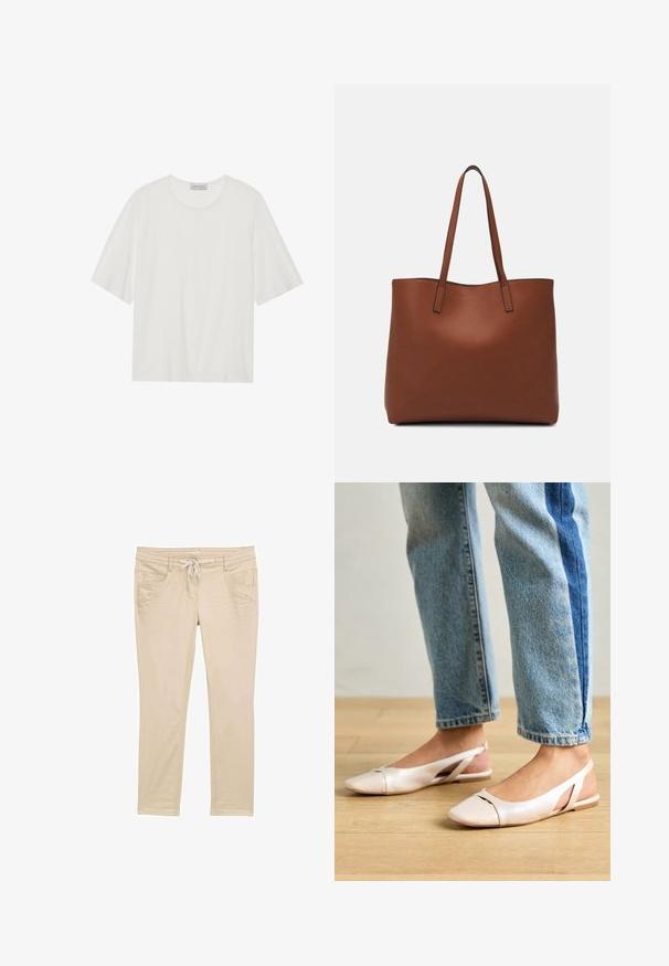 Camiseta blanca de manga corta hecha de tela suave. Cuenta con un escote redondeado y una forma ligeramente cuadrada. Textura suave, minimalismo en el diseño.; Pantalones beige hechos de una tela suave; cuentan con una cintura con cordón, dos bolsillos frontales y un diseño ajustado con discretos detalles de costura.; Bailarinas de color rosa pálido con tiras traseras y punta puntiaguda, fabricadas con un material similar al cuero suave. Presentan detalles recortados en los laterales y un tacón plano.; Bolso tote de cuero marrón con una textura suave, diseño de apertura superior y dos correas para el hombro. Presenta una costura mínima y sin herrajes visibles.