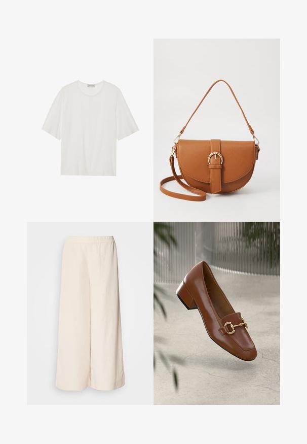 Hvit kortermet t-skjorte laget av mykt stoff. Har rund hals og en litt boksformet fasong. Kjølig tekstur, minmal detaljering.; Kremfargede vide bukser med elastisk midje, med avslappet passform og glatt tekstur, egnet for hverdagsbruk.; Brun lakkert skinn loafer med firkantet tå, metallkjedeakkent, og lav blokkheel; glatt tekstur, minimalistisk design.; Brun lærcrossbody-veske med en buet form, gullhardware og et spenneakcent. Har en avtakbar skulderreim.
