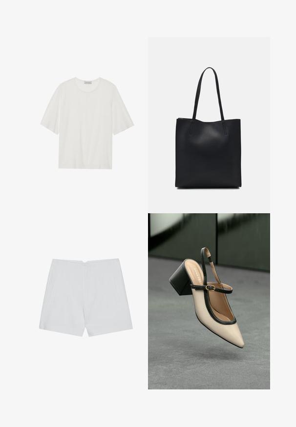 Biała krótka koszulka z krótkim rękawem wykonana z miękkiego materiału. Posiada okrągły dekolt i lekko pudełkowy fason. Gładka faktura, minimalne detale.; Białe szorty o dopasowanym kroju, z płaskim przodem, dwoma bocznymi kieszeniami i prostym wykończeniem. Wykonane z gładkiego materiału bez widocznych wzorów.; Beżowe buty typu slingback z ostrym noskiem, czarnym wykończeniem, złotą klamrą i grubym obcasem na szarym podłożu z ciemnozielonym tłem.; Czarna skórzana torba tote o gładkiej fakturze, prostokątnym kształcie i dwóch długich uchwytach. Brak widocznych elementów metalowych i ozdób.