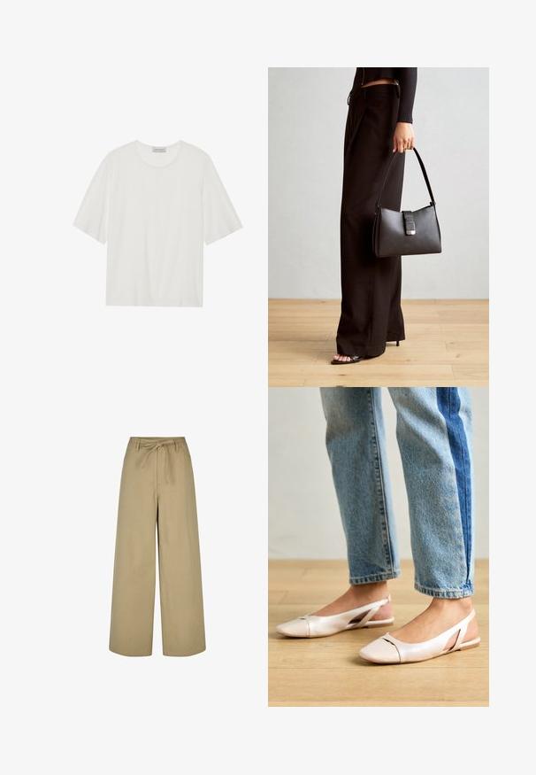 T-shirt blanc à manches courtes en tissu doux. Présente un col rond et une coupe légèrement ample. Texture lisse, détails minimalistes.; Pantalons larges beiges à taille haute, avec un lien de serrage et deux poches latérales, fabriqués dans un tissu lisse et léger.; Ballerines slingback rose pâle avec un bout pointu, fabriquées en un matériau semblable au cuir lisse. Présentent des découpes sur les côtés et un talon plat.; Sac à main noir à la forme structurée, texture lisse et fermoir métallique. Associé à un pantalon noir ample et des sandales ouvertes sur un sol en bois.