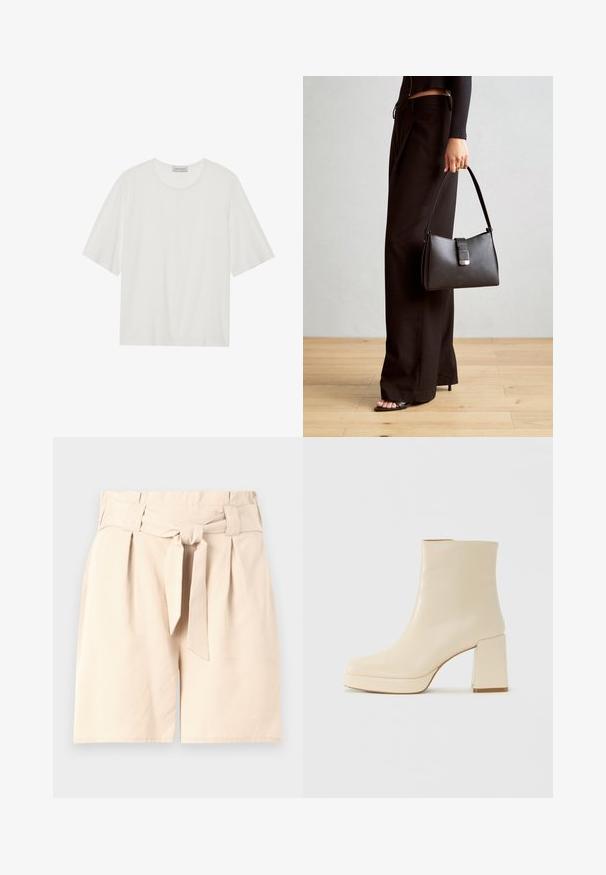 Bílý krátký rukáv tričko vyrobené z měkké tkaniny. Má kulatý výstřih a mírně boxy střih. Hladká textura, minimální detaily.; Beige šortky s vysokým pasem, s předním vázáním opasku, skládacím designem a hladkou texturou látky. Čistý, upravený tvar a žádné viditelné vzory.; Béžová kožená kotníková bota s blokovým podpatkem a platformovou podrážkou, hladký povrch a mírně čtvercová špička, otočená vlevo na bílém pozadí.; Černá kabelka se strukturovaným tvarem, hladkým povrchem a kovovým uzávěrem. Kombinována s širokými černými kalhotami a sandály s otevřenou špičkou na dřevěné podlaze.