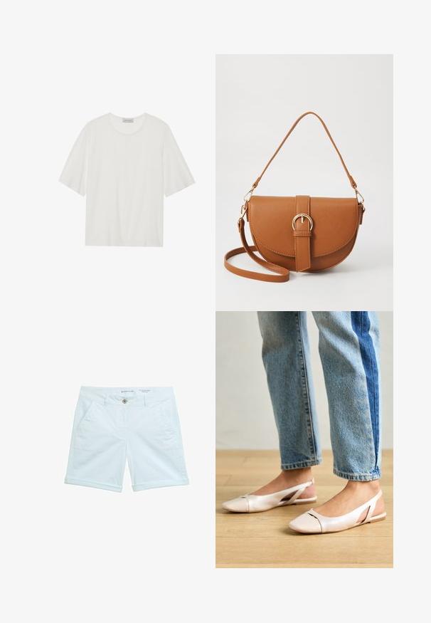 Hvid kortærmet t-shirt lavet af blødt stof. Har en rund halsudskæring og en let boxy form. Glat tekstur, minimal detaljering.; Lyseblå chino-shorts med omslagssøm, der har to sidelommer og en frontknaplukning. Fremstillet af åndbart materiale.; Lyserøde slingback flade sko med spidse tær, lavet af et glat læderlignende materiale. Har udskæringsdetaljer på siderne og en flad hæl.; Brun læder crossbody taske med en buet form, guldfarvet hardware og en spændeaccent. Har en aftagelig skulderrem.