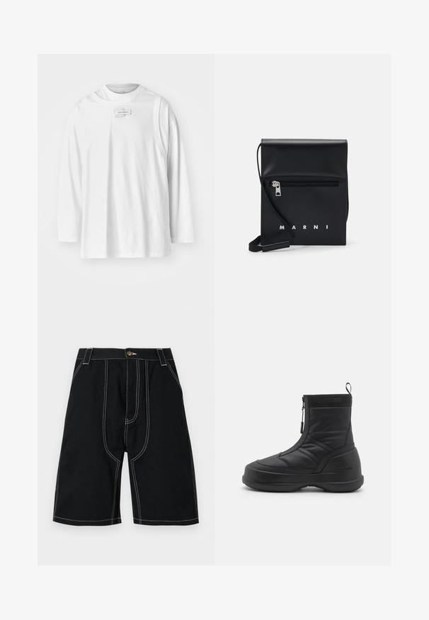 Feng Chen Wang DECONSTRUCTION UNISEX - Långärmad tröja - white; Svarta shorts med rak passform, tillverkade av slitstarkt tyg. Har vita sömmar och en knappaccent i guld. Inkluderar framfickor.; Svart vattentät snöboot med ett slätt syntetiskt överdrag, dragkedjestängning, vadderad krage och texturerad gummisul. Accentuerad med "MOON BOOT"-logotyp.; Svart läder crossbody-väska med en ficka med dragkedja på framsidan, präglad logotyp och justerbar rem. Slät textur med en strukturerad form.
