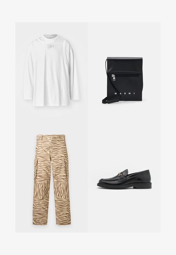 Feng Chen Wang DECONSTRUCTION UNISEX - Long sleeved top - white; Cargo pants in a tan and cream zebra print. Features include a straight leg, two side pockets, and a button closure with metallic accents.; Black leather loafers with a rounded toe, featuring gold hardware accent and stitching detail, set on a low, textured rubber sole.; Black leather crossbody bag with a zippered front pocket, embossed logo, and adjustable strap. Smooth texture with a structured shape.