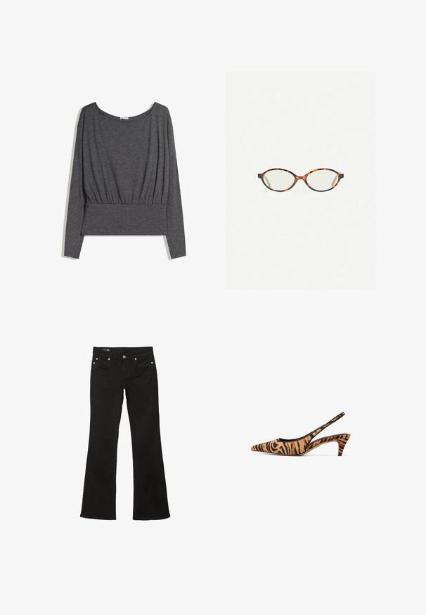 Dark gray long-sleeve top made of soft fabric. Features a wide neckline and gathered hem, with a slightly relaxed fit and ribbed waist.; Black flared jeans with a smooth texture, featuring copper-tone metal hardware and traditional five-pocket design.; Pointed-toe slingback shoe in orange and black tiger print fabric, with a slender heel and an open back design for breathability.; Tortoiseshell eyeglasses with oval lenses and a sleek, smooth finish. Features thin sides with a subtle curve at the temples. Clear lenses.