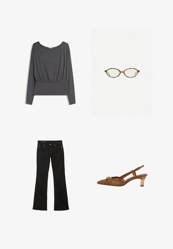 Mørk grå langærmet top lavet af blødt stof. Har en bred halsudskæring og samlede kant, med en let afslappet pasform og ribbet talje.; Sorte flared jeans med en glat tekstur, der har kobberfarvet metalhardware og traditionelt fem-lomme design.; Brun, vævet slingback sko med spids tå, slanke remme, en dekorativ spænde accent og en klar, mellemhøj hæl.; Skildpaddebriller med ovale linser og en elegant, glat finish. Har tynde sider med en subtil kurve ved tindingerne. Klare linser.