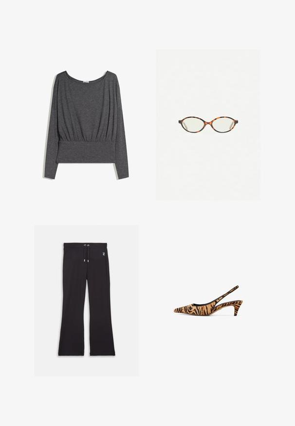 Tmavě šedý top s dlouhým rukávem vyrobený z měkké látky. Má široký výstřih a nařasený lem, s mírně uvolněným střihem a žebrovaným pasem.; Černé rozšířené tepláky vyrobené z měkkého materiálu, s elastickým pasem na šňůrku a malým logem blízko pasu.; Sandalové boty s špičatou špičkou, vyrobené z látky s oranžovým a černým tygřím vzorem, s úzkým podpatkem a otevřeným zadním designem pro prodyšnost.; Želvovinové brýle s oválnými čočkami a hladkým, jemným povrchem. Má tenké bočnice s jemným zakřivením v chrámcích. Čiré čočky.