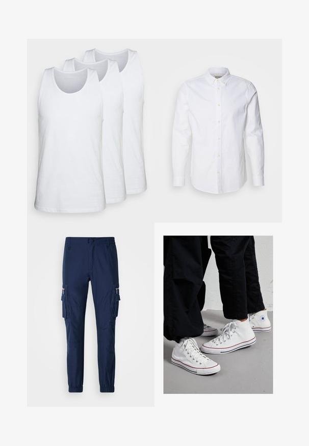 Zestaw trzech białych topów na ramiączkach wykonanych z bawełny, z zaokrąglonym dekoltem i bez rękawów, gładką teksturą i standardowym krojem.; Biała koszula z długim rękawem i zapięciem na guziki, wykonana z bawełny, z wyraźnym kołnierzykiem, dyskretnym haftem logo oraz jasnobrązowymi guzikami.; Granatowe spodnie cargo wykonane z lekkiego materiału, z bocznymi kieszeniami, elastycznymi mankietami i szczegółem w postaci kieszeni na zamek.; Białe płócienne sneakersy za kostkę z gumową podeszwą, posiadające srebrne oczka oraz czerwone i granatowe paski wzdłuż podeszwy.