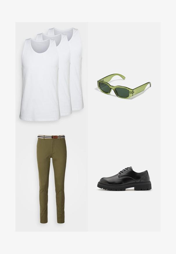 Drei weiss Tanktops aus Baumwolle, mit rundem Halsausschnitt und ärmellosem Design, glatter Textur und normaler Passform.; Slim-fit olivgrüne Hose mit glatter Oberfläche, ausgestattet mit einem gestreiften Bund in Marineblau und Weiß sowie einem Akzent in Form eines braunen Leder-Gürtelschlaufe.; Schwarze Lederschuhe mit runder Zehenform, Schnürdesign und einer dicken, strukturierten Gummisohle. Sie verfügen über eine Naht entlang des Randes und haben eine glatte Oberfläche.; Grüne durchsichtige Sonnenbrille mit rechteckigem Rahmen, dunkelgrünen Gläsern und einem Logoakzent an der Seite. Glatte Textur und modernes Design.