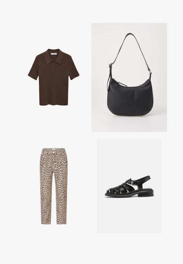 Polo shirt marron à manches courtes en matière côtelée avec col et patte de boutonnage à trois boutons. Il présente une couleur unie et une coupe décontractée.; Un pantalon en imprimé léopard présente un fond beige avec des taches noires, une coupe droite et une taille classique avec une fermeture à bouton à l'avant.; Sandales en cuir noir avec un design à lanières, bout ouvert et boucle à la cheville. Présentent un petit talon carré et une texture lisse et mate.; Sacoche en cuir noir avec une forme courbée, fermeture éclair et bandoulière réglable. Présente un logo en relief sur le devant.