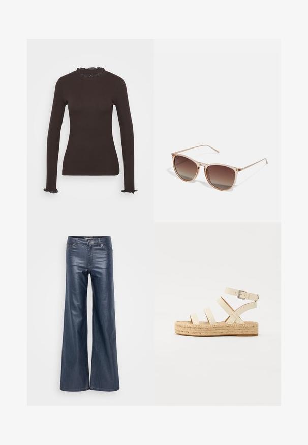 Ilga rankovė, tamsiai ruda palaidinė, pagaminta iš elastingos medžiagos. Siūlo raukinį prie kaklo ir raukinius ant rankovių. ; Plati kojinės tamsiai džinsinės kelnės su lygiu paviršiumi, priekinėmis kišenėmis ir tradicine saga bei užtrauktuku. Minimalistinis dizainas be matomų raštų.; Smėlio spalvos odinės basutės su susikertančiomis dirželiais, sagties detale ir džuto platformos padu. Dizainą papildo storu pynimu pasižyminti tekstūra ir plokščia pado baze.; Rudi gradientiniai saulės akiniai su permatomu rožiniu rėmeliu, kvadratinės formos ir plonomis metalinėmis šakėmis. Yra su apvalintais kraštais ir minimaliais dekoratyviniais elementais.