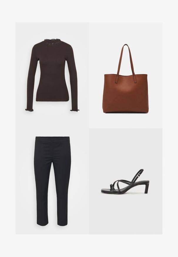 Ilga rankovė, tamsiai ruda palaidinė, pagaminta iš elastingos medžiagos. Siūlo raukinį prie kaklo ir raukinius ant rankovių. ; Juodos pritaikytos kelnės su glotnia tekstūra, vidutinio aukščio juosmens ir trumpa ilga. Savybės: priekinis mygtukų uždarymas ir švarios linijos.; Juodi šlepetės su kvadratiniu pirštu ir žemu bloku kulnu. Yra keli ploni dirželiai ir reguliuojamas kulkšnies diržas. Pagaminti iš lygios odos.; Ruda odinė priekabų krepšys su glotnia tekstūra, atviru viršumi ir dviem petnešomis. Su minimalia siuvimo detalėmis ir nematoma aparatūra.; Sidabriniai auskarai-žiedai su lygiu, apvaliu dizainu ir blizgiu paviršiumi. Jie yra ploni ir lengvi, turintys paprastą užsegimą.