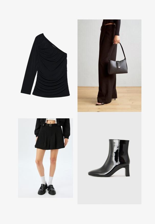 Musta pitkähihainen paita, jossa on yksi olka paljastava muotoilu, teksturoitu rypytys edessä ja sileä kangasviimeistely.; Musta poimutettu minihame vyöllä, valmistettu sileästä kankaasta. Yhdistetty kiiltävänahkaloafereiden ja valkoisten nilkkasukkien kanssa.; Musta patenttilakattu nilkkuri, jossa on terävä kärki ja keskipitkä lohkarekorko. Silkkinen pinta ja minimalistinen muotoilu.; Musta käsilaukku, jossa on rakenteellinen muoto, sileä pinta ja metallinen solki. Yhdistetty leveisiin mustiin housuihin ja avonaiheisiin sandaaleihin puulattialla.