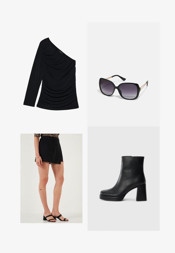 Zwarte lange mouwen top met een off-shoulder ontwerp, textuur ruching aan de voorkant en een gladde stofafwerking.; LELA Shorts - black; Zwarte leren enkelboot met een blokhak en platformzool, zijaanzicht op een effen witte achtergrond.; Zwarte oversized zonnebril met gradient glazen, dikke montuur en gouden kettingdetails op de pootjes.; Zwarte tote bag van synthetisch materiaal, met een eenvoudig rechthoekig ontwerp, gouden vierkante accenten en dubbele handvatten.