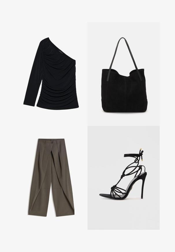 Black long-sleeve top featuring a one-shoulder design, textured ruching along the front, and a smooth fabric finish.; Wide-leg trousers made of a textured, dark gray fabric. Features a front pleat, button closure, and side pockets for practicality.; Black stiletto sandal with a knotted strap design, open toe, and a slender heel. Smooth texture with gold-tone accents on straps.; Black suede tote bag with two long, flat leather straps. Features a curved top edge and visible stitching along the front. No hardware accents.