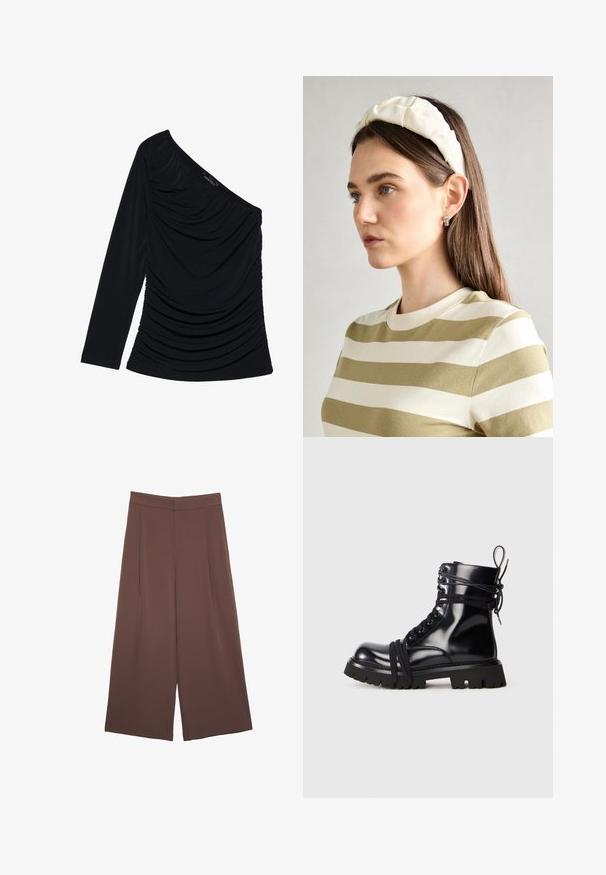 Čierny top s dlhým rukávom s dizajnom na jedno rameno, texturovaným riasením vpredu a hladkým povrchom látky.; Hnedé nohavice so širokými nohavicami a hladkou textúrou, s vysokým pásom a prednými skladmi. Tkanina je ľahká a voľne sa pohybuje.; Čierne lakované kožené čižmy s hrubou podrážkou, zaoblenou špičkou a šnurovacími detailmi. Obsahujú obalené šnúrky a uchyt na zadnej strane päty.; Krémová čelenka s vypchatím a vzorom vrkoča, skombinovaná s béžovo-bielym pruhovaným tričkom s okrúhlym výstrihom. Nápadné doplnky z jemného šperku.