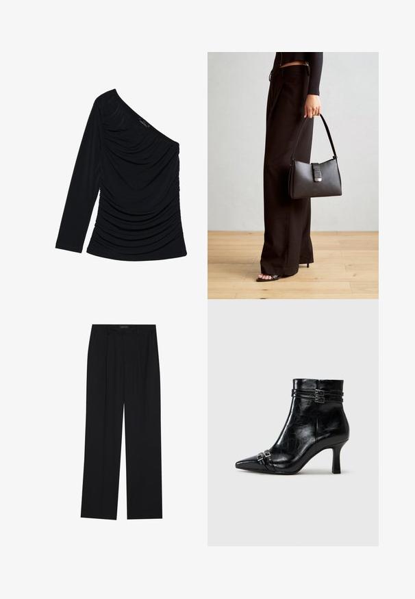 Top negro de manga larga con diseño de un solo hombro, fruncido texturizado en el frente y acabado de tela suave.; Pantalones negros con un diseño de pierna recta, que cuentan con dos bolsillos frontales y una cinturilla. Fabricados con una tela suave y ligera.; Tamaris Botines de cuña - black; Bolso negro con forma estructurada, textura suave y un cierre metálico. Combinado con pantalones anchos negros y sandalias de dedo en un suelo de madera.