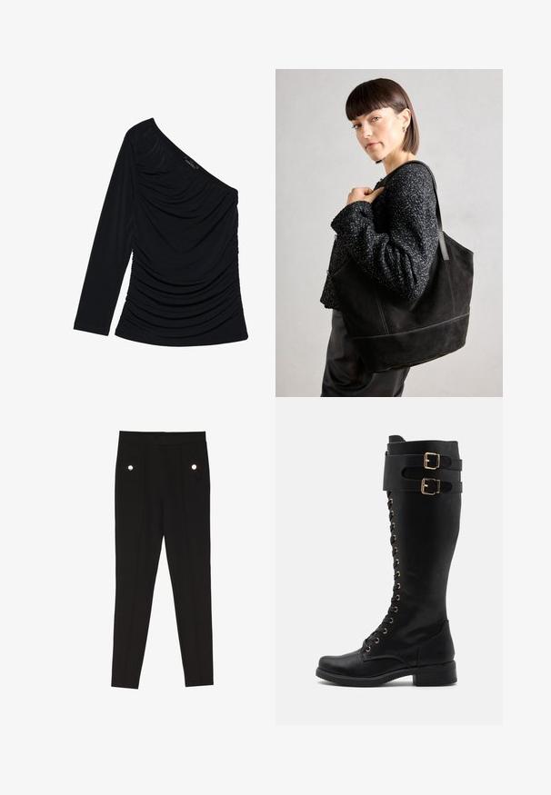 Juoda ilgomis rankovėmis palaidinė su vieno peties dizainu, tekstūruota raukšlėmis priekyje ir lygiu audinio paviršiumi.; Juodos pritaikytos kelnės su lygia tekstūra, turi dvi priekinės kišenes su dekoratyviniais aksesuarais ir siaurą siluetą.; Juodų odinių batų iki kelių, su auksiniais akcentais, su raišteliais priekyje, dviem sagtimis ir blokuoto pado kulnu.; Juodas nubuko turgus su sklandžiu paviršiumi, struktūrine forma ir kontrastingomis siūlėmis. Yra ilgos rankenos, skirtos nešti ant peties.