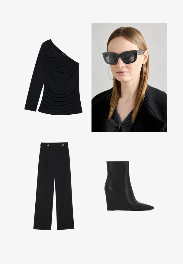 Musträd kodudega must pikkade varrukatega peep-ülikond, millel on ühte õlavarre disain, esiosal tekstureeritud rüütamine ja sile kangas.; Mustad laiad püksid kõrge vöökoha ja nööpdetailidega vööandil, esikortsudega.; Mustast nahast konknokkadega saapad, millel on terav varvas ja sile, voolujooneline disain kumeriku siluettiga.; Must musta prillid tumedate läätsedega, paksude raamidega ja tagasihoidlike aktsentidega. Kantud musta jope ja halli särkiga, pikki sirgeid juukseid kandes.; Kollane faux-krokodilli käsipindaga kott, millel on struktureeritud disain, ülemine käepide, eemaldatav kettmass ja dekoratiivne kristallkaunistus klambril.
