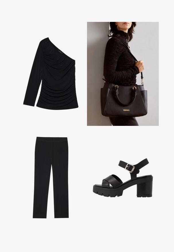 Čierny top s dlhým rukávom s dizajnom na jedno rameno, texturovaným riasením vpredu a hladkým povrchom látky.; Čierne nohavice s rovnými nohavicami, so bočnými vreckami a hladkým povrchom materiálu. Minimálne detaily, čistý pás.; mtng SABA - Sandále na vysokom opätku - black; Čierna kabelka s textúrovaným povrchom, dvojitými hornými rúčkami a nastaviteľným ramenným popruhom. Obsahuje zlaté kovanie a bočné vrecká.