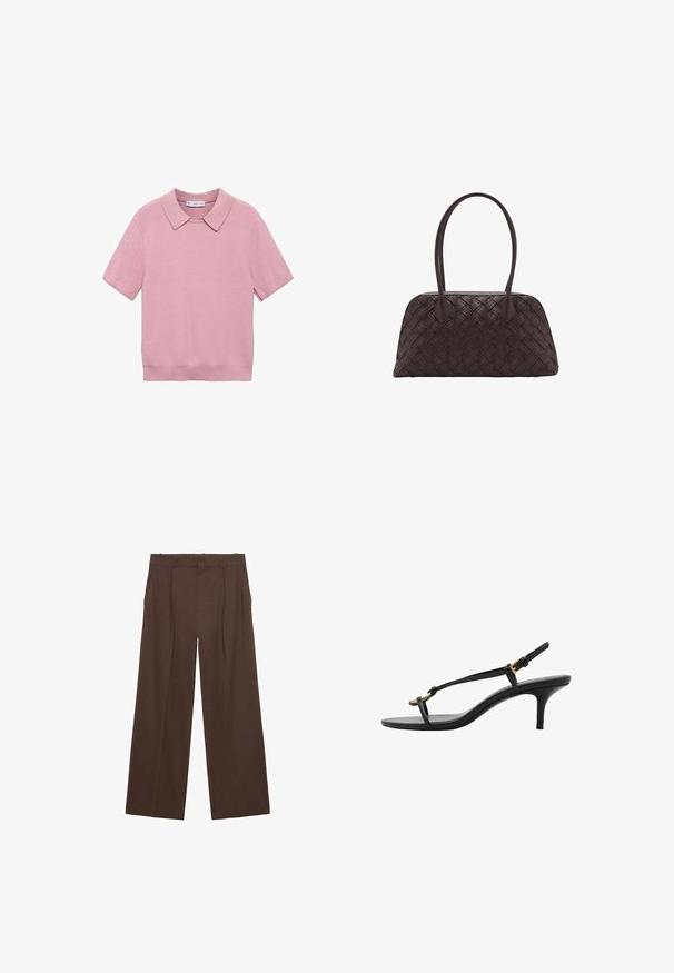 Růžový pletený top s krátkým rukávem a žebrovanou texturou, s klasickým límcem a rovný střih. Měkká tkanina s hladkým povrchem.; Hnědé kalhoty s širokými nohavicemi vyrobené z hladkého materiálu, se zvýšeným pasem, přehyby vpředu a dvěma bočními kapsami.; Černé kožené sandály na kotníkovém podpatku s tenkými pásky, zlatou sponou a minimalistickým provlečením na prstech na bílém pozadí.; Tkaná hnědá kožená kabelka zaobleného tvaru, s dvojitými horními uchy a hladkým povrchem; obsahuje jemné prošívání jako designový detail.; Průhledné a jantarové prsteny z pryskyřice, jeden hladký a transparentní, druhý s texturovaným jantarovým povrchem. Oba mají zaoblené, robustní tvary.