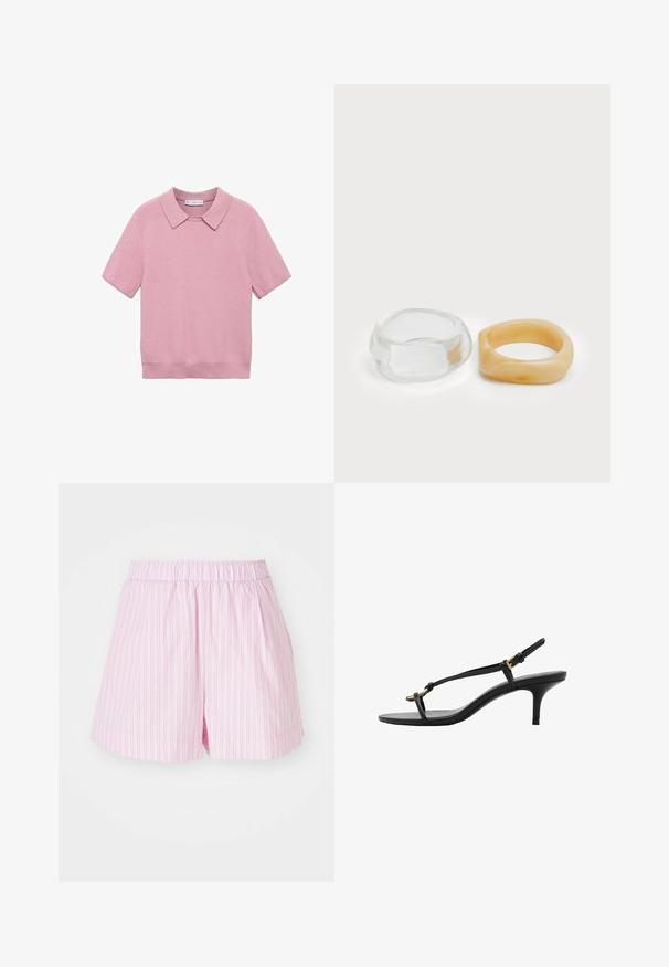 Roza kratka pletena majica s kratkimi rokavi z rebrasto teksturo, ki se ponaša s klasičnim ovratnikom in ravnim krojem. Mehka tkanina z gladkim finišem.; Svetlo roza kratke hlače z belimi vertikalnimi črtami, ki imajo elastičen pas in ohlapen kroj, narejene iz mehkega, lahkega blaga.; Črne usnjene sandale s kitten peto, tankimi trakovi, zlate zaponke in minimalistično zanko za prste na beli podlagi.; Jasni in jantarni smolnati prstani, en je gladek in prozoren, drugi pa s teksturiranim jantarjem. Obe imata zaobljene, debele oblike.