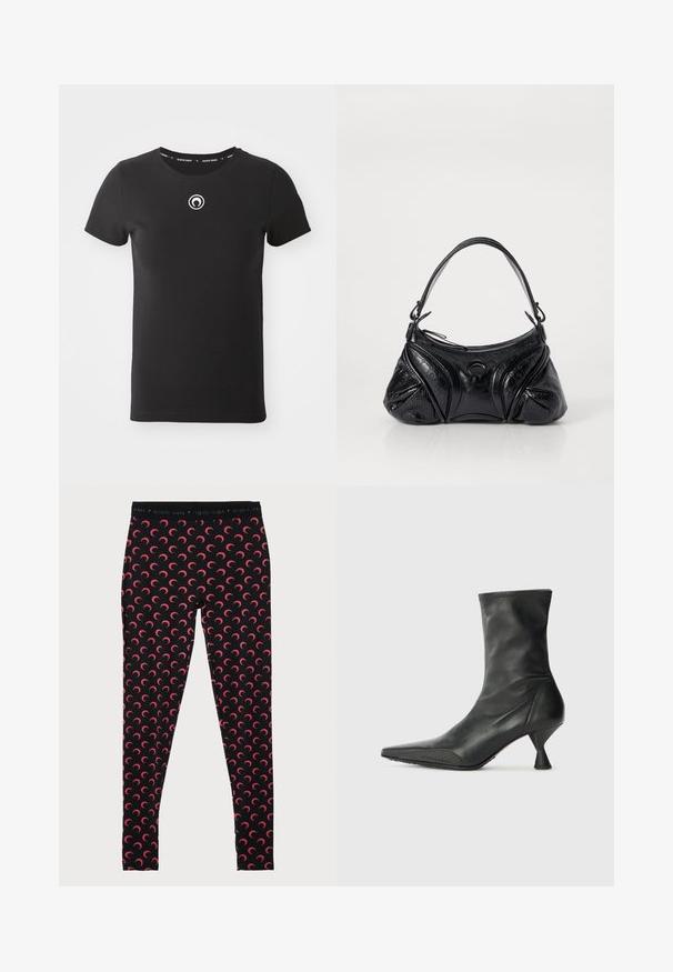 Fekete, rövid ujjú pamut póló. Kerek nyakú, és egy kis fehér logó található a mellkasán. Simább textúrájú.; MARINE SERRE MOON - Leggingek - Nadrágok - black/red; Fekete bőr bokacsizma hegyes orral, texturált orrborítással és karcsú, kúp alakú sarokkal. Simára kidolgozott felület, diszkrét varrás részletekkel.; Fekete, textúrált bőrből készült kézitáska, kerekded formával. Vékony vállpánttal és díszes embosszas mintákkal rendelkezik.