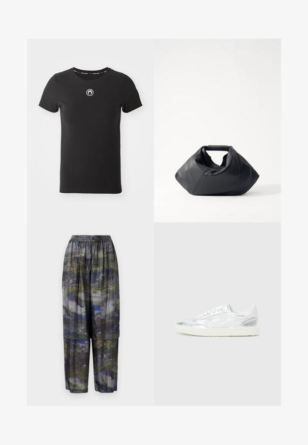 Fekete, rövid ujjú pamut póló. Kerek nyakú, és egy kis fehér logó található a mellkasán. Simább textúrájú.; Henrik Vibskov SHANTS PANTS - Nadrágok - grey; Fehér sportcipők fényes ezüst díszítéssel, sima felülettel, kerek orral, lapos talppal és hagyományos fűzős kialakítással.; Fekete bőrtáska texturált külsővel, egyedi ráncos formával és rövid fogantyúval. Egyetlen fő rekesszel rendelkezik.