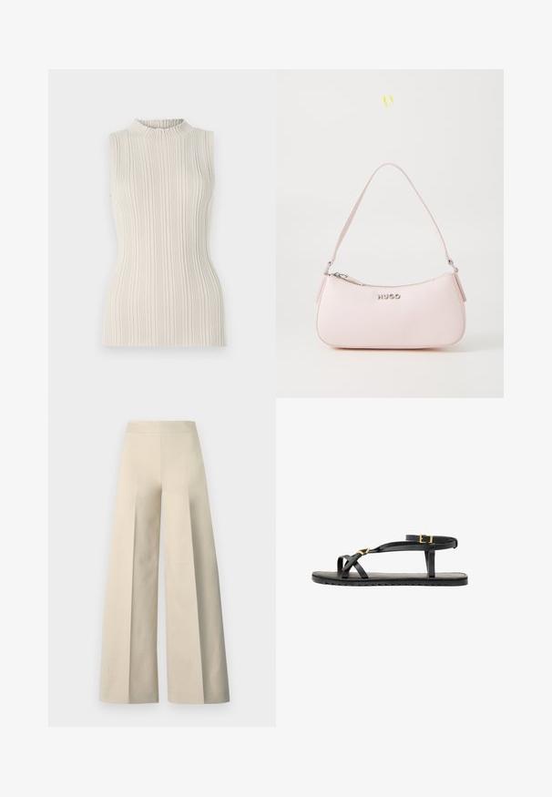 Ærmeløs top i lys beige, med ribbet tekstur og en høj, samlet halsudskæring. Tætsiddende silhuet fremhæver formen.; Beige vide bukser med en glat tekstur, høj talje og dybe folder foran. Har et bredt og flagrende snit.; Sorte lædersandaler med tynde stropper og en spændet ankelrem. Flad sål med en tekstureret overflade og zigzag kant. Minimalistisk design.; Rosa læderhåndtaske med et buet design, lynlåslukning og skulderrem. Har et sølvlogo foran.
