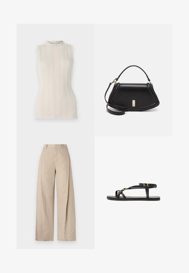 Mouwloos topje in lichtbeige, met een ribbeltextuur en een hoge, geplooide halslijn. De getailleerde pasvorm accentueert de vorm.; Beige linnen wijde broek met een hoge taille, met een zachte textuur en strakke lijnen, ontworpen voor een ontspannen pasvorm.; Zwarte leren sandalen met dunne banden en een gespsluiting rond de enkel. Platte zool met een gestructureerde afwerking en een zigzagrand. Minimalistisch design.; Zwarte leren handtas met een gestructureerd ontwerp, featuring een verkorte vorm, bovenhandvat en gouden hardwareaccent. Inclusief verstelbare schouderband.