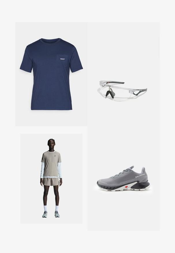 Navy-blaues Baumwoll-T-Shirt mit kurzen Ärmeln, Rundhalsausschnitt und einer Brusttasche mit einem kleinen Logopatch. Weicher Stoff, klassischer Schnitt.; On PERFORMANCE - Shorts - cinder; Graue Laufschuhe mit strukturiertem Mesh-Obermaterial, schwarzer und weißer Gummisohle sowie roten Akzenten nahe der Ferse. Verfügt über Schnürsenkel und ein unterstützendes Design.; Klare Schutzbrille mit einem leichten, transparenten Rahmen und grauen Akzenten. Verfügt über ein umschließendes Design und ein verstellbares Nasenstück.