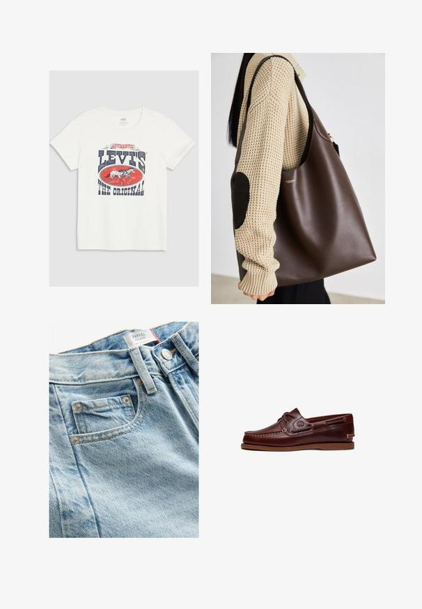 T-shirt bianca in cotone con una grande stampa grafica rossa e navy che presenta un cavallo e il testo "LEVI'S THE ORIGINAL" in lettere bold.; Jeans in denim blu chiaro a vita media con finitura testurizzata, dotati di una piccola tasca frontale e chiusura a bottone metallico. Cuciture distintive visibili.; Scarpa da barca in pelle marrone con punta rotonda, dettagli cuciti, suola color tan a contrasto e occhielli in metallo per i lacci. Design senza tempo.; Borsa tote in pelle marrone con un design spazioso. Presenta una texture liscia e un logo dorato discreto. Abbinata a un maglione lavorato a maglia color crema.