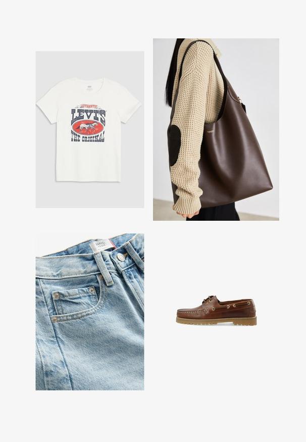T-shirt bianca in cotone con una grande stampa grafica rossa e navy che presenta un cavallo e il testo "LEVI'S THE ORIGINAL" in lettere bold.; Jeans in denim blu chiaro a vita media con finitura testurizzata, dotati di una piccola tasca frontale e chiusura a bottone metallico. Cuciture distintive visibili.; Scarpe da barca in pelle marrone con taglio basso, design con lacci, occhielli metallici e suola in gomma testurizzata, con cuciture lungo la parte anteriore.; Borsa tote in pelle marrone con un design spazioso. Presenta una texture liscia e un logo dorato discreto. Abbinata a un maglione lavorato a maglia color crema.
